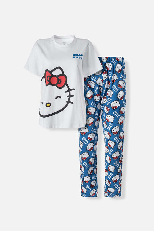 Card slide image -  PIJAMA DE HELLO KITTY DE PANTALÓN LARGO BLANCO Y AZUL PARA MUJER