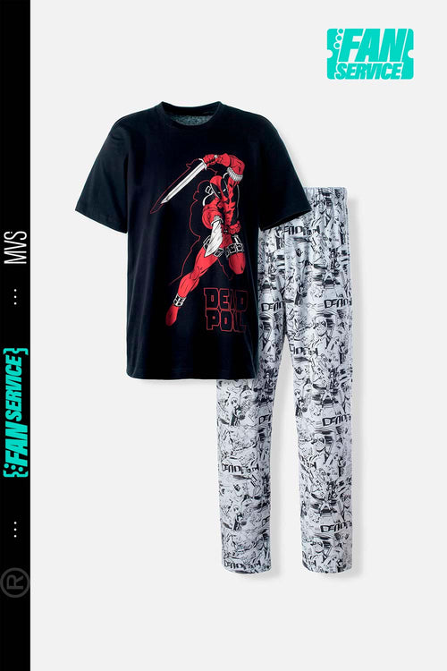 Card slide image -  PIJAMA DE DEADPOOL DE PANTALÓN LARGO NEGRO Y BLANCO PARA HOMBRE