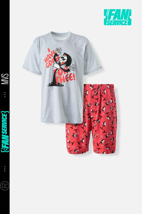 Card slide image -  PIJAMA DE BILLY Y MANDY GRIS Y ROJA DE PANTALÓN CORTO PARA HOMBRE