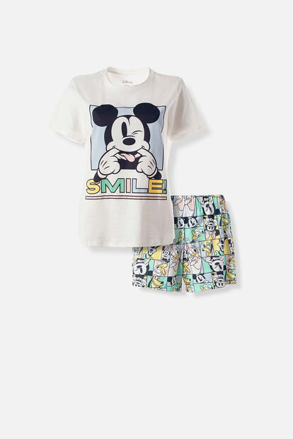 PIJAMA DE MICKEY MOUSE MARFIL Y MULTICOLOR DE PANTALÓN CORTO PARA MUJER