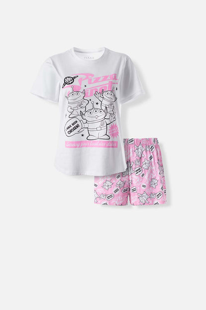 PIJAMA DE TOY STORY CON PANTALÓN CORTO BLANCO Y ROSA PARA MUJER