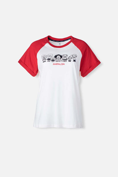  CAMISETA DE MAFALDA MANGA CORTA MARFIL Y ROJO PARA MUJER