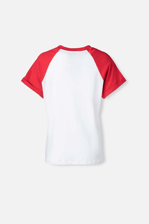 Card slide image -  CAMISETA DE MAFALDA MANGA CORTA MARFIL Y ROJO PARA MUJER