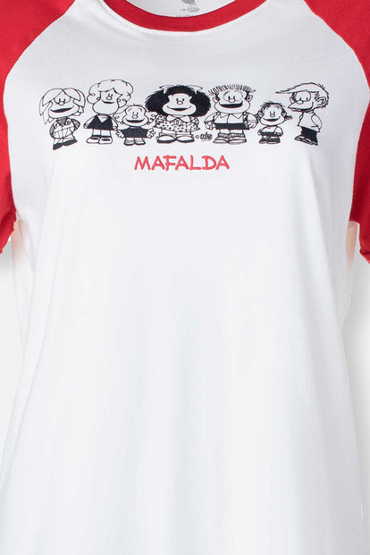  CAMISETA DE MAFALDA MANGA CORTA MARFIL Y ROJO PARA MUJER