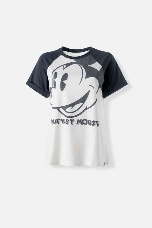 CAMISETA DE MICKEY MOUSE GRIS Y MARFIL MANGA CORTA PARA MUJER
