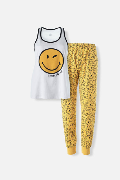  PIJAMA DE SMILEY BLANCA Y AMARILLA DE PANTALÓN LARGO PARA MUJER