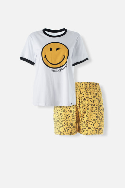  PIJAMA DE SMILEY AMARILLA Y BLANCA DE PANTALÓN CORTO PARA MUJER