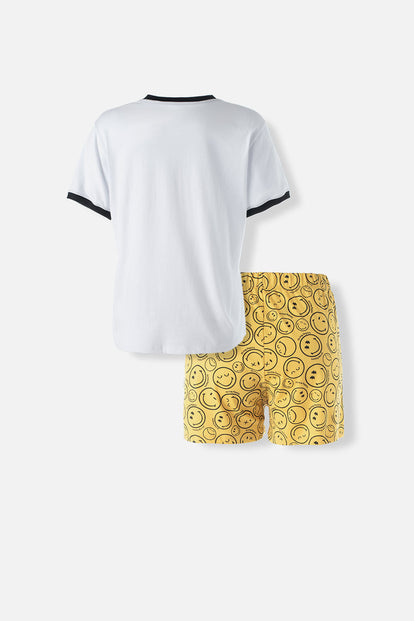PIJAMA DE SMILEY AMARILLA Y BLANCA DE PANTALÓN CORTO PARA MUJER