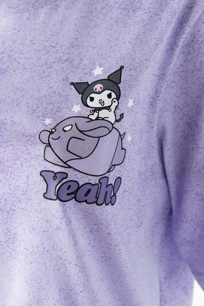 CAMISETA DE KUROMI LILA JASPEADO MANGA CORTA PARA MUJER