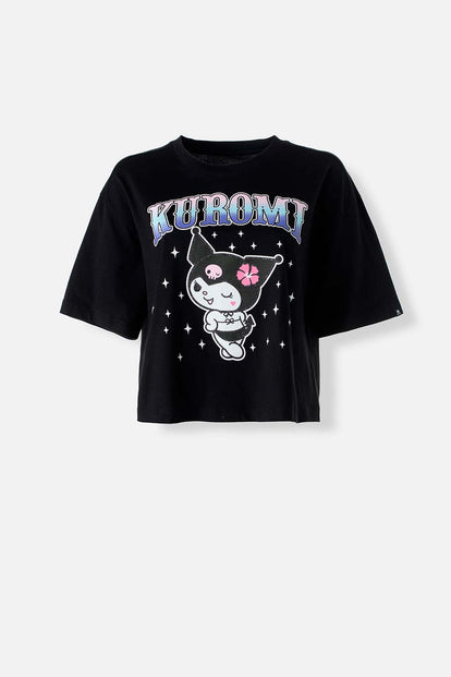  CAMISETA DE KUROMI TIPO CROP MANGA CORTA PARA MUJER