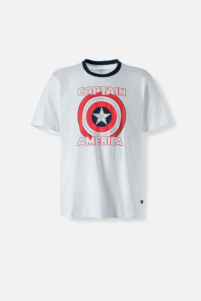 CAMISETA DEL CAPITÁN AMÉRICA BLANCA Y AZUL OSCURA ESTAMPADA EN FRENTE PARA HOMBRE