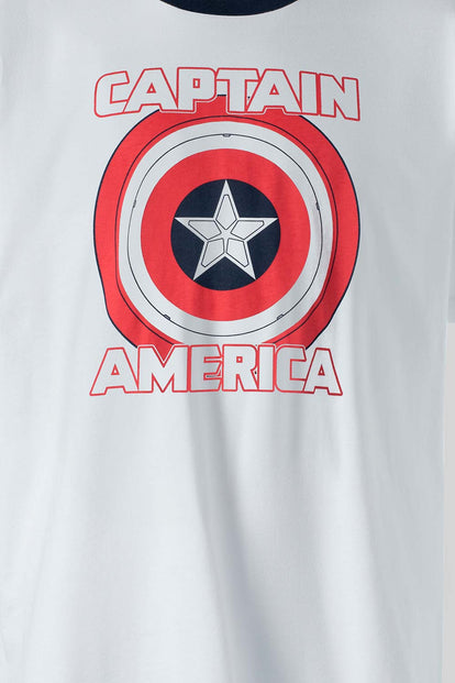 CAMISETA DEL CAPITÁN AMÉRICA BLANCA Y AZUL OSCURA ESTAMPADA EN FRENTE PARA HOMBRE