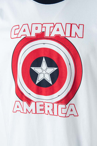 CAMISETA DEL CAPITÁN AMÉRICA BLANCA Y AZUL OSCURA ESTAMPADA EN FRENTE PARA HOMBRE