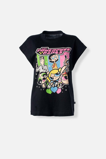  CAMISETA DE LAS CHICAS SUPERPODEROSAS NEGRA ESTAMPADA EN FRENTE PARA MUJER