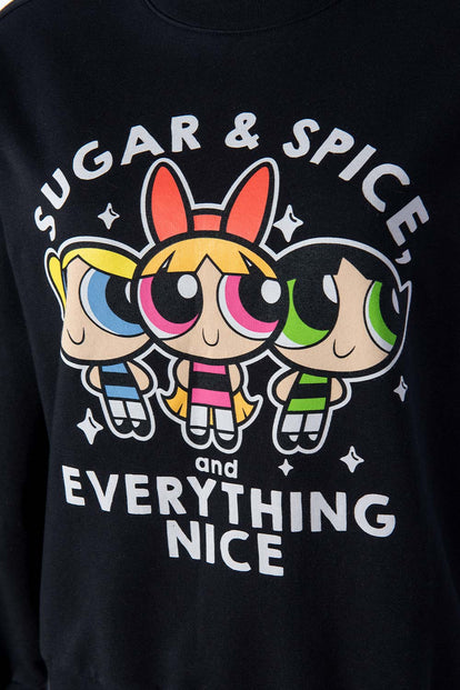 BUZO DE LAS CHICAS SUPERPODEROSAS NEGRO ESTAMPADO EN FRENTE PARA MUJER