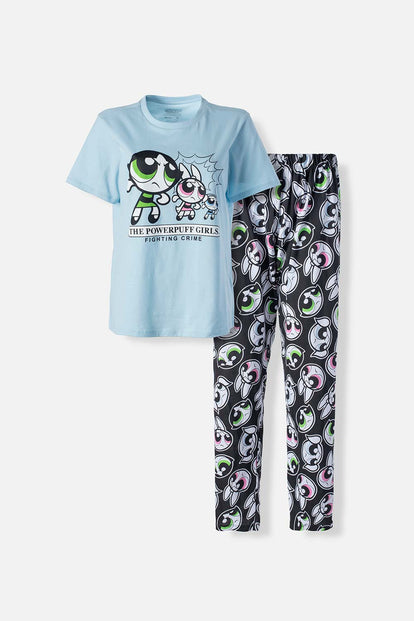  PIJAMA DE LAS CHICAS SUPERPODEROSAS AZUL Y NEGRA DE PANTALÓN LARGO PARA MUJER