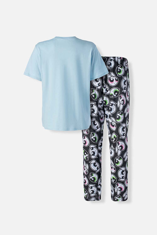 PIJAMA DE LAS CHICAS SUPERPODEROSAS AZUL Y NEGRA DE PANTALÓN LARGO PARA MUJER