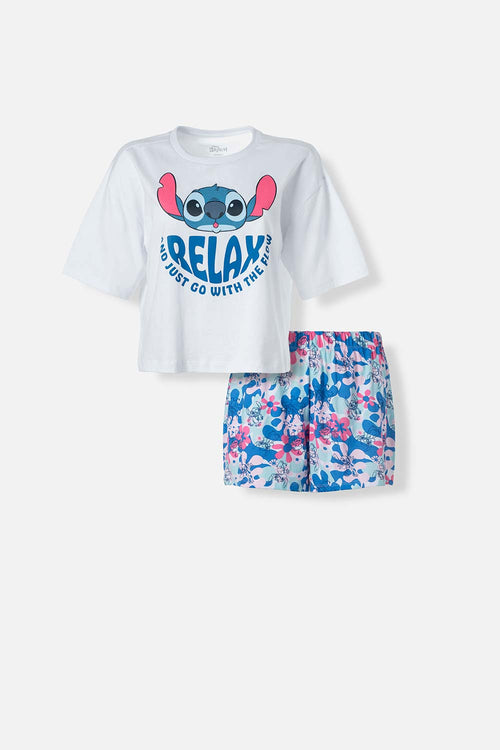 PIJAMA DE STITCH BLANCA Y MULTICOLOR DE PANTALÓN CORTO PARA MUJER