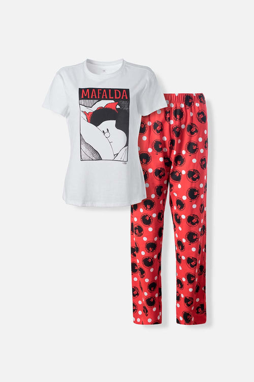 Card slide image -  PIJAMA DE MAFALDA DE PANTALÓN LARGO BLANCO Y ROJO PARA MUJER