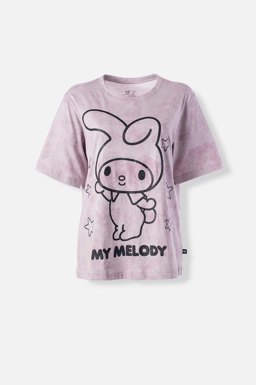 Card slide image -  CAMISETA DE CAMISETA DE MY MELODY & KUROMI LILA GRISÁCEA PARA MUJER MANGA CORTA BLANCA PARA HOMBRE