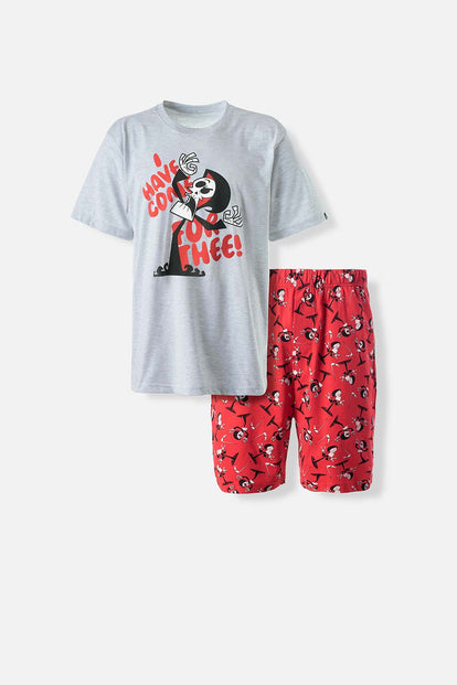 PIJAMA DE BILLY Y MANDY GRIS Y ROJA DE PANTALÓN CORTO PARA HOMBRE
