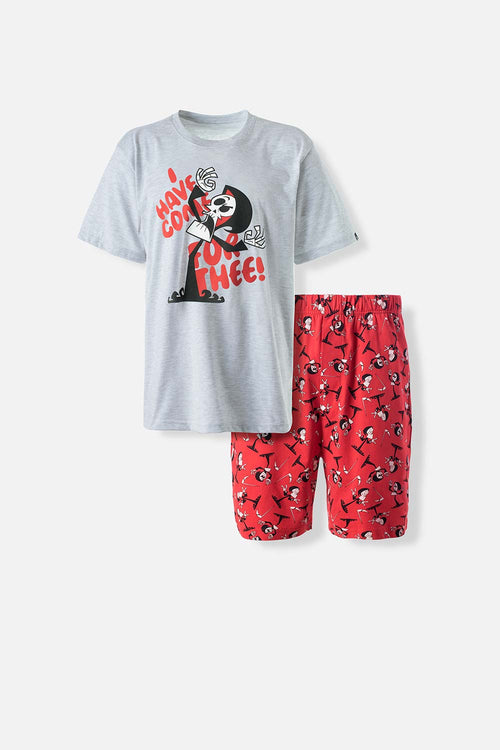 Card slide image -  PIJAMA DE BILLY Y MANDY GRIS Y ROJA DE PANTALÓN CORTO PARA HOMBRE