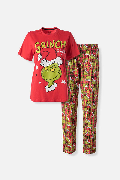 Card slide image -  PIJAMA DE GRINCH PANTALÓN LARGO ROJO PARA MUJER