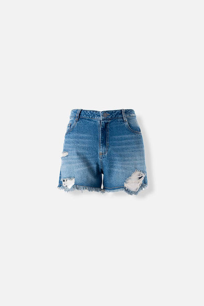  SHORT DE MOVIES EN DENIM TONO MEDIO CON ROTOS PARA MUJER